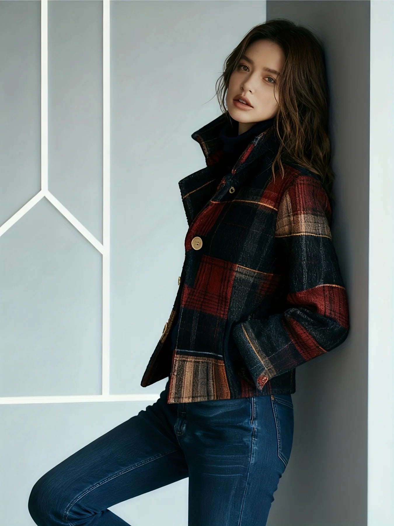 Women's Autumn/Winter Retro Plaid Jacket with Two-Button Closure, Soft and Comfortable Fabric, Perfect for Daily Casual Wear