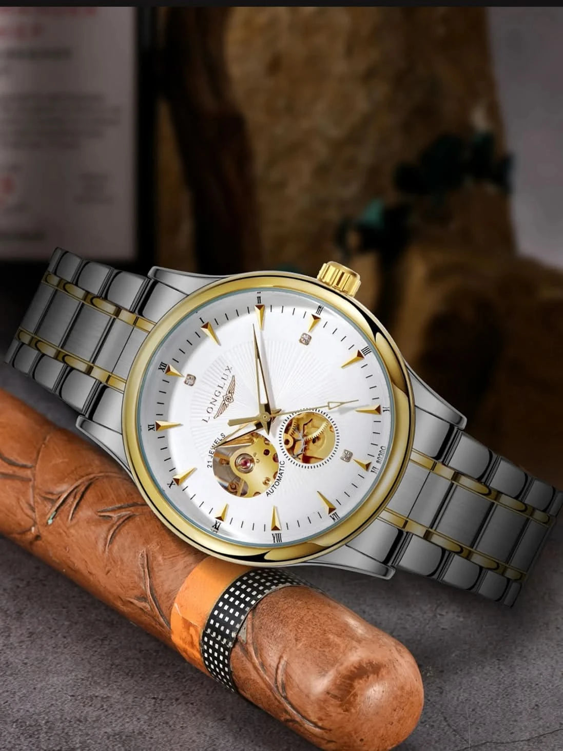 LONGLUX Men automatic mechanical watch elegant luxury watches waterproof skeleton business wholesale stainless steel gift watch - M & M Global