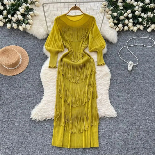 Vintage O-Neck Elegant Long Lantern Sleeve Chic Tassel Slim Long Dress French Fashion Evening High Street Autumn Winter Clothing - M & M Global