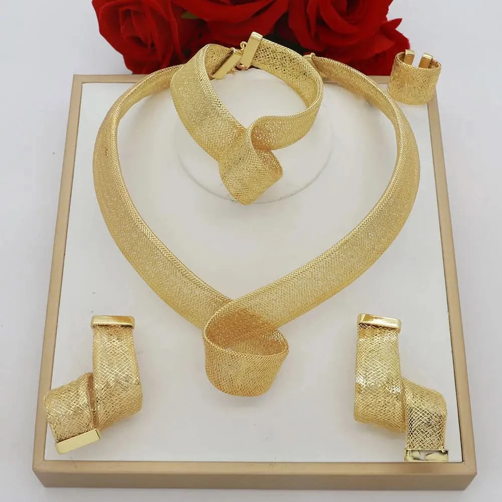 Women's Jewelry Sets Gold Plated Sprial Necklaces Simple Earrings Italian Fashion Rings Bracelets Wedding Accessories - M & M Global