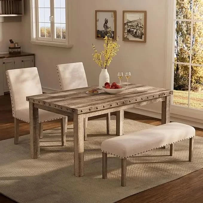 Rustic Dining Table, Farmhouse Kitchen Dining Chairs , Charming 60" Rectangular Wooden Table& Upholstered