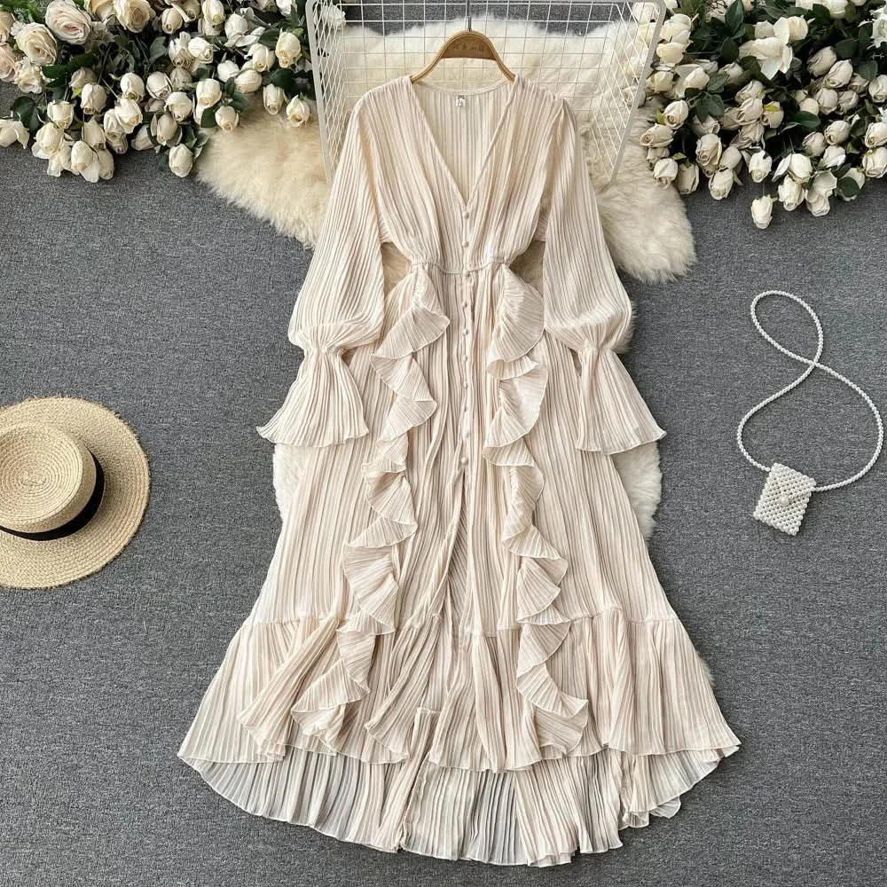 Purple/Brown/Red Chiffon Pleated Long Dress Women Vintage V-Neck Flare Sleeve Draped Ruffle Vestido Female Maxi Robe Spring Fall - M & M Global