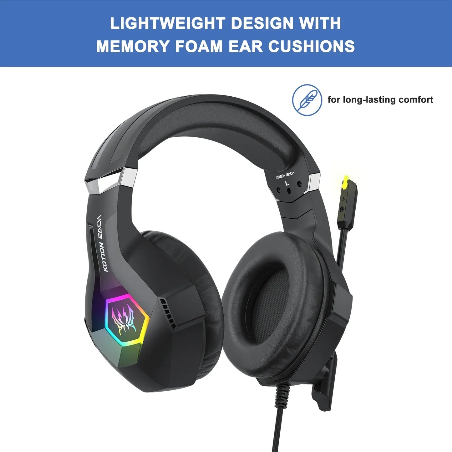Wired Gaming Headset with Noise Cancelling Mic Compatible With PC PS4 PS5 Xbox Surround Sound RGB Light Over Ear Design