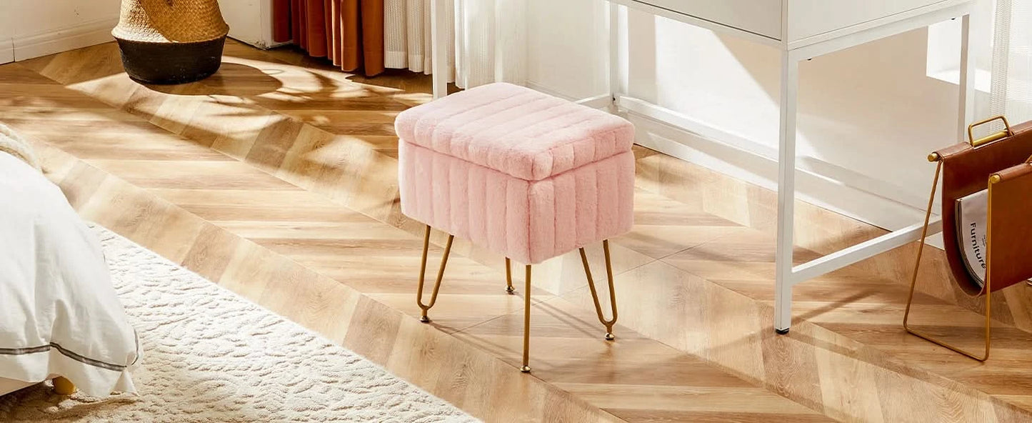 JHK Faux Fur Bedroom seating Hidden Storage Stools Ottomans Padded Makeup with 4 Metal Legs Anti-Slip Adjustable Feet for Home