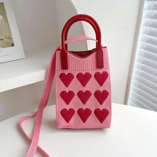 Korean Fashion Heart Knitted Mini Square Handbag for Women Small Mobile Phone Shoulder Bags Girls Cute Outdoor Crossbody Bags - M & M Global