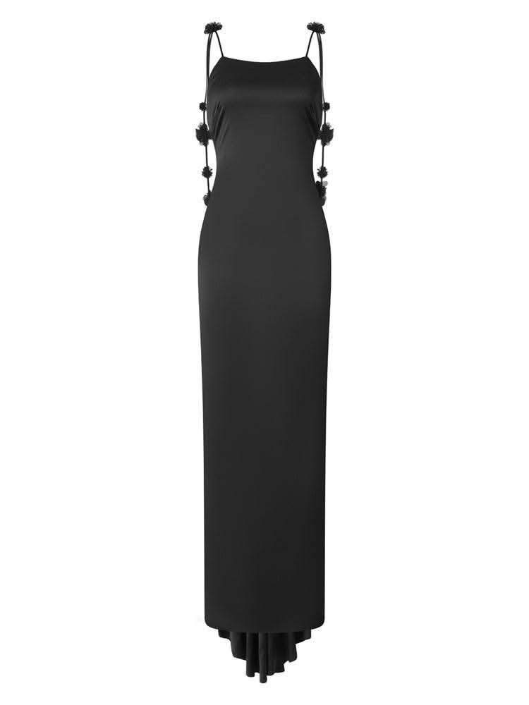 CHRONSTYLE Satin Backless Spaghetti Strap Long Dress for Women Sexy Backless 3D Flower Tassels Dress Party Cocktail Y2K Vestidos - M & M Global