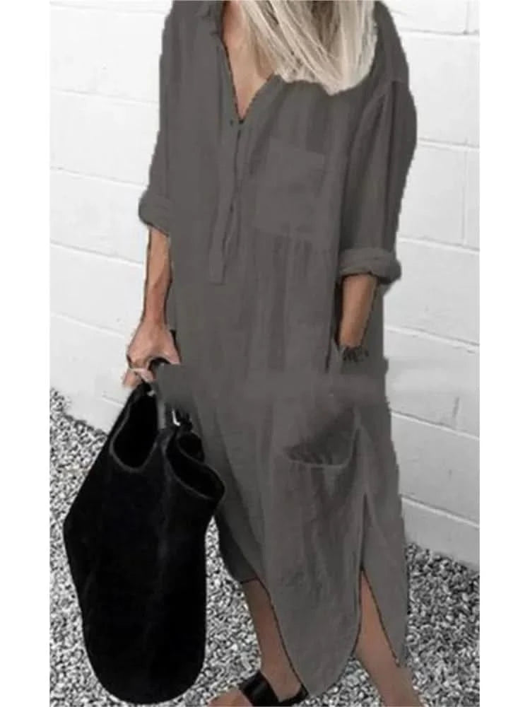 Spring Summer Women's Solid Color Loose Split Shirt Midi Dress Elegant Casual Button Pocket V-Neck Long Sleeve Long Dress 2024 - M & M Global
