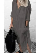 Spring Summer Women's Solid Color Loose Split Shirt Midi Dress Elegant Casual Button Pocket V-Neck Long Sleeve Long Dress 2024 - M & M Global