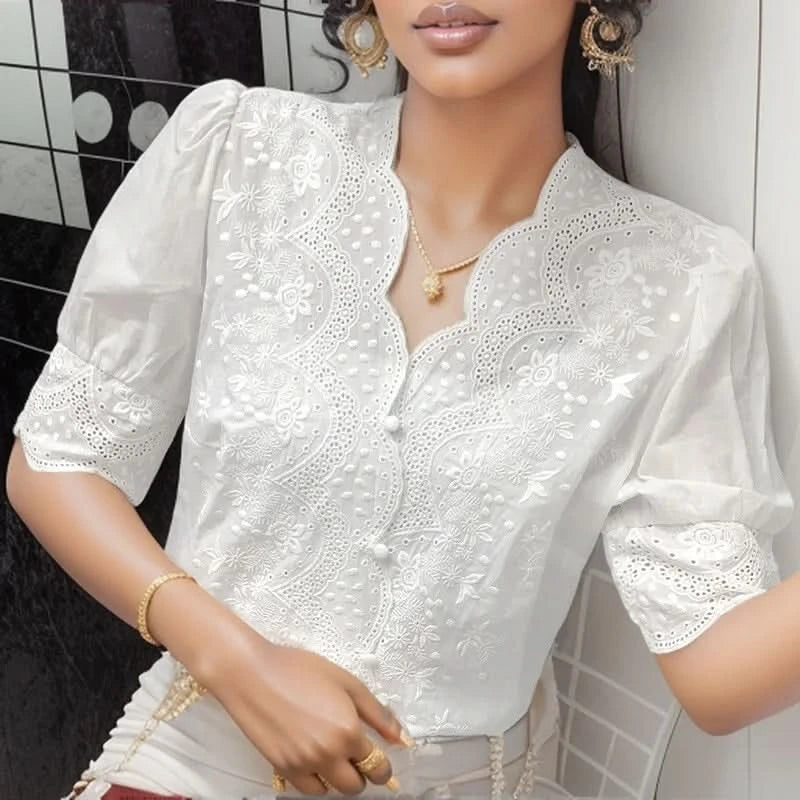 Summer Embroidery Puff Sleeve Linen Cotton Women Blouse Spring Casual White Hollow Out Tops Short Sleeve Shirt - M & M Global