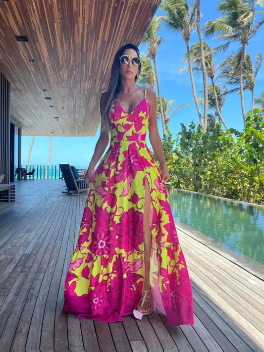 Summer Print Long Dress Women Clothing Lace Up Sling Party Dresses Pattern Strappy Ladies Hollow Out V-Neck Beach Vestidos - M & M Global