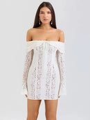 Mozision Floral Lace Off-shoulder Maxi Dress For Women White Strapless Backless Long Sleeve Bodycon Club Party Sexy Long Dress - M & M Global