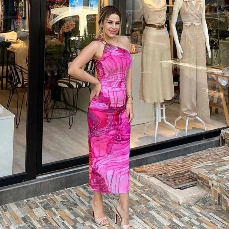 CUTENOVA Sexy Slash Collar Gradient Print Long Dress Summer Chic One-Shoulder Backless Party Dresses Sleeveless Hollow Slim Fit - M & M Global