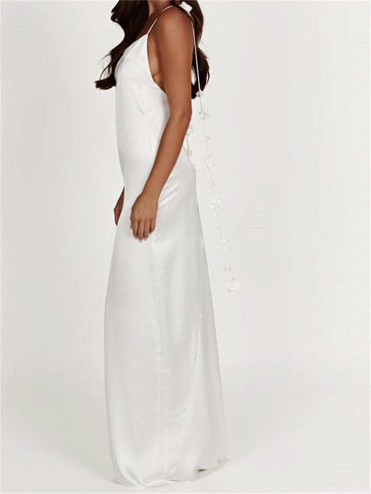 CHRONSTYLE Satin Backless Spaghetti Strap Long Dress for Women Sexy Backless 3D Flower Tassels Dress Party Cocktail Y2K Vestidos - M & M Global