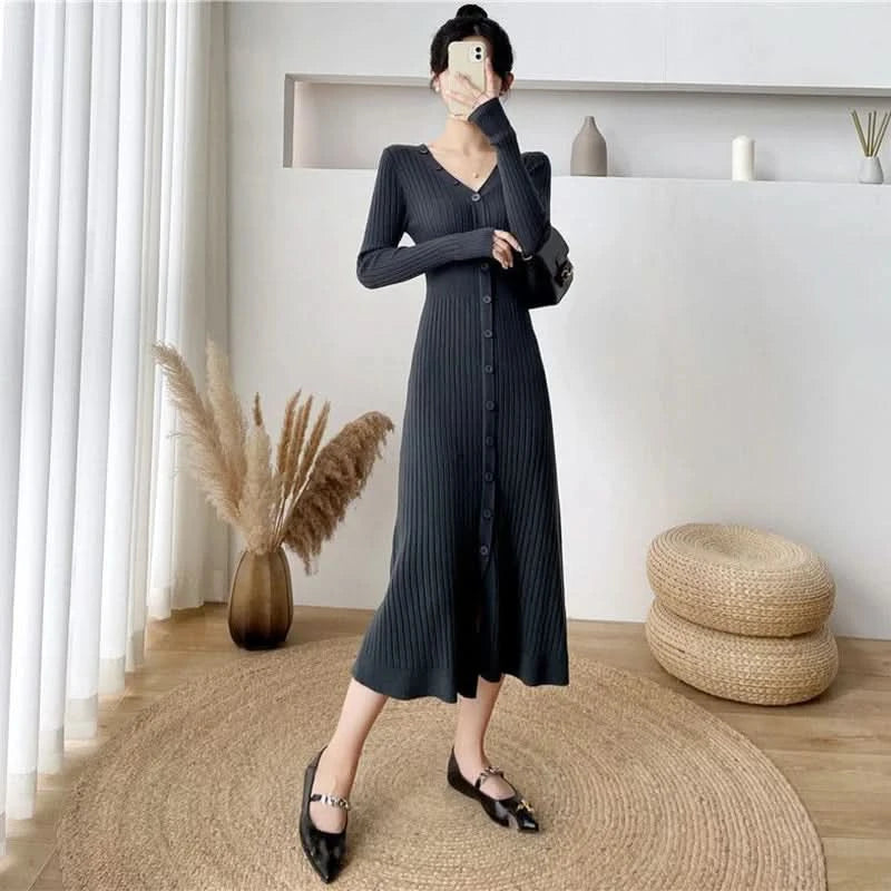 Lucyever Elegant Knitted Long Dress for Women Korean Chic Buttons Slim Fit Midi Dresses Female Streetwear V Neck Party Vestidos - M & M Global