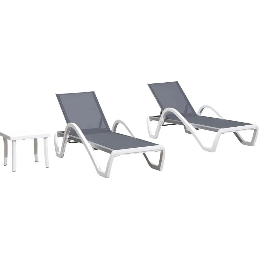 Patio Chaise Lounge Chair Set of 3 Outside Aluminum Plastic Stackable Tanning Chairs with Armrests and Side Table for Pool Sunb