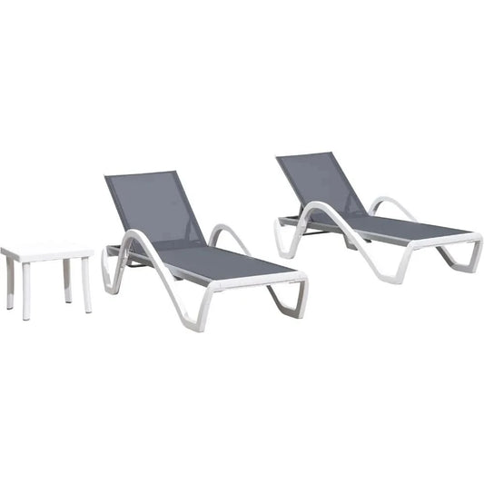 Patio Chaise Lounge Chair Set of 3 Outside Aluminum Plastic Stackable Tanning Chairs with Armrests and Side Table for Pool Sunb