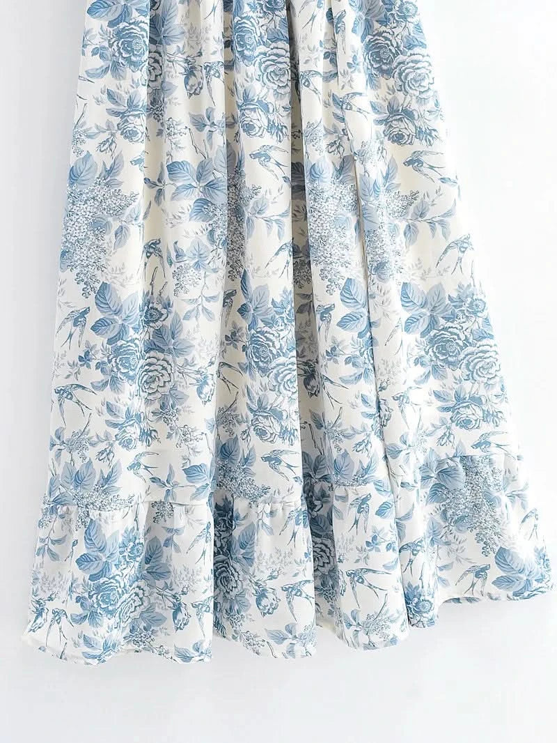 Summer Off-the-shoulder Short Sleeved Floral Split Long Chiffon Dress Swallows Print Fit and Flared Sweet  Ruffles Long Dress - M & M Global