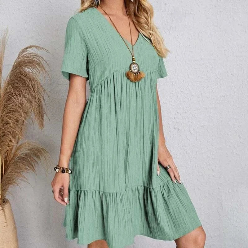 2025 Loose V-neck Short Sleeved Pleated Women Dress Solid Color A-line Beach Dresses Elegant Simple Comfortable Woman Clothing - M & M Global