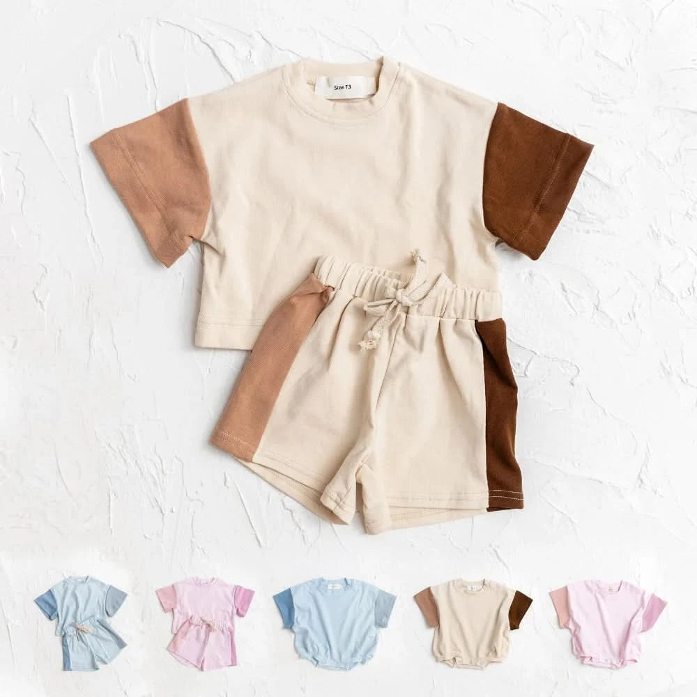 New Summer Cotton Toddler Short Sleeve T shirt And Shorts Set Baby Boys Girls Clothes Stitching Color Casual Tops Outfits 2PCS - M & M Global