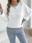 Autumn Winter Causal Round Neck Striped Sweaters Woman 2025 Lantern Long Sleeve Knitted Pullover White Red Khaki Women Clothes