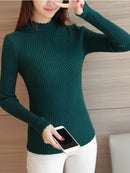 2025 Autumn Women Mock Neck Ruffles Sweater Long Sleeve Knitted Bottoming Solid Pullovers Stripe Women Casual Sweater Winter