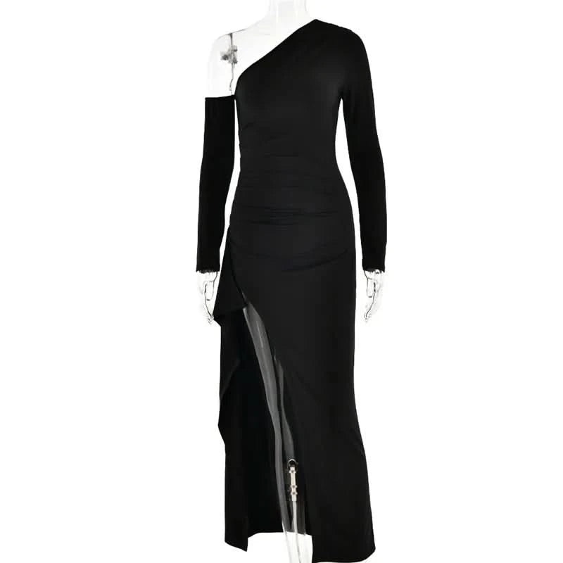 Mozision Oblique Shoulder Thigh High Split Maxi Dress Women Long Sleeve Backless Bodycon Sexy Club Party Long Dress Vestidos - M & M Global