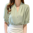 Women Summer Style Blouses Shirts Lady Casual Short Puff Sleeve V-Neck Beading Decor Blusas Tops WY1035