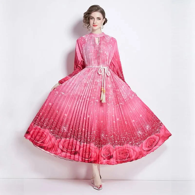 Spring Holiday Print Long Dress For Women Fashion Loose Lantern Sleeve Party Robe Female Big Swing Tassels Belt Pleated Clothes - M & M Global