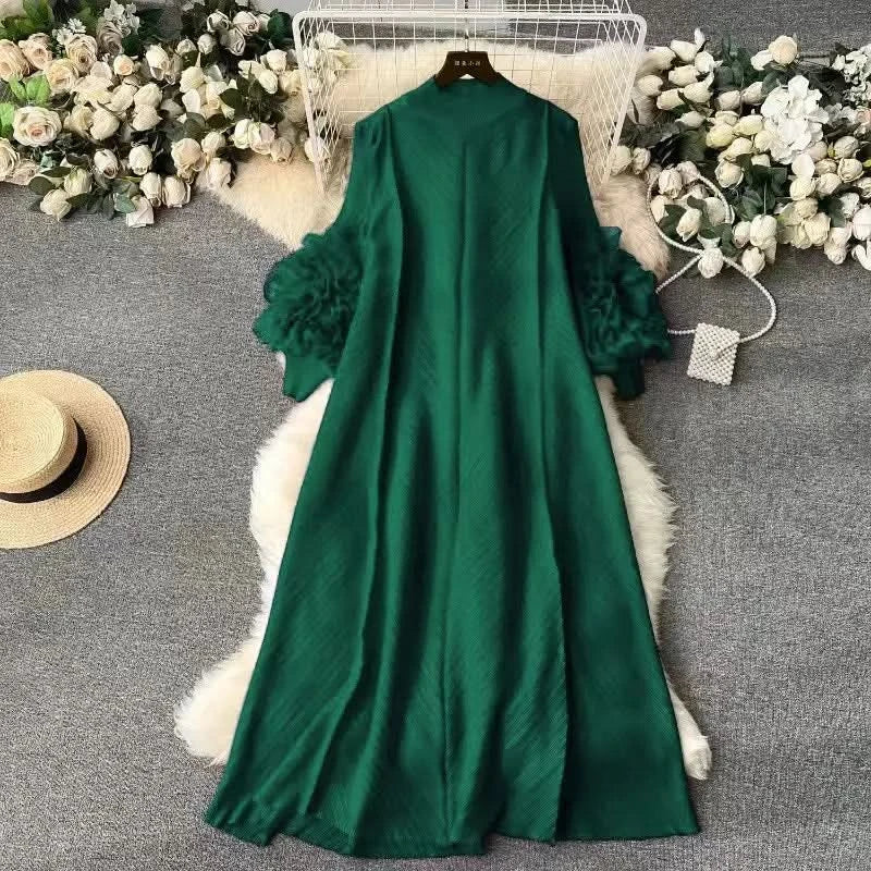 Sweet Pleated Vintage Three-dimensional Flower Loose Long Dress Chic Evening Korean Fashion Fashion Women Summer Dresses - M & M Global