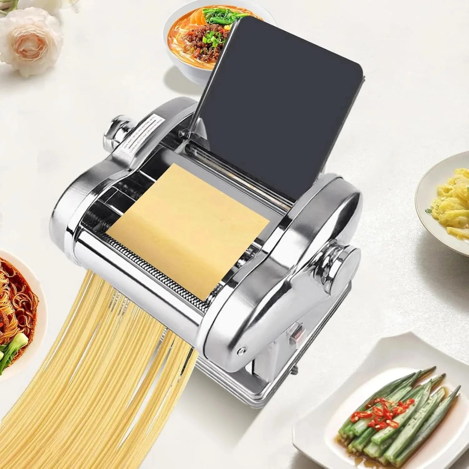 135W 110V Pasta Maker Machine, Two-Knife Electric Noodle Maker Machine Dough Roller Sheeter with Adjustable Thickness Setting, H - M & M Global