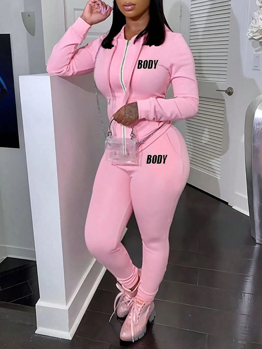 Women's Pink Zipper Sportswear Set of 2 Pieces Jogger Letter Printed Jogging Sportswear Hoodie and Sweatpants Set