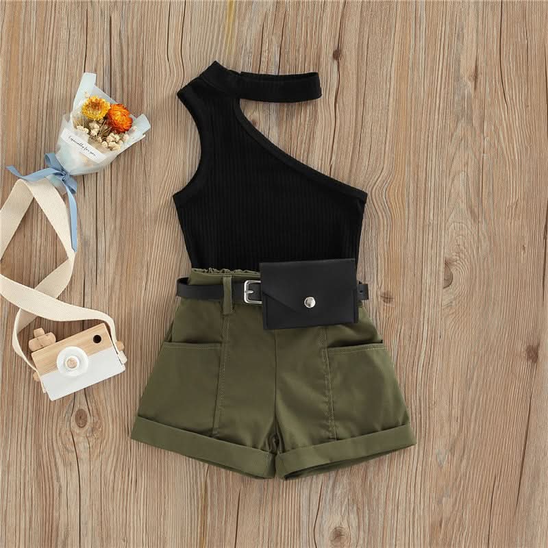 1-5 Years Infant Girl Casual Set Tanks Tops + Shorts + Waist Bag Pockets Decoration Casual Style Girls Summer Clothing Set - M & M Global