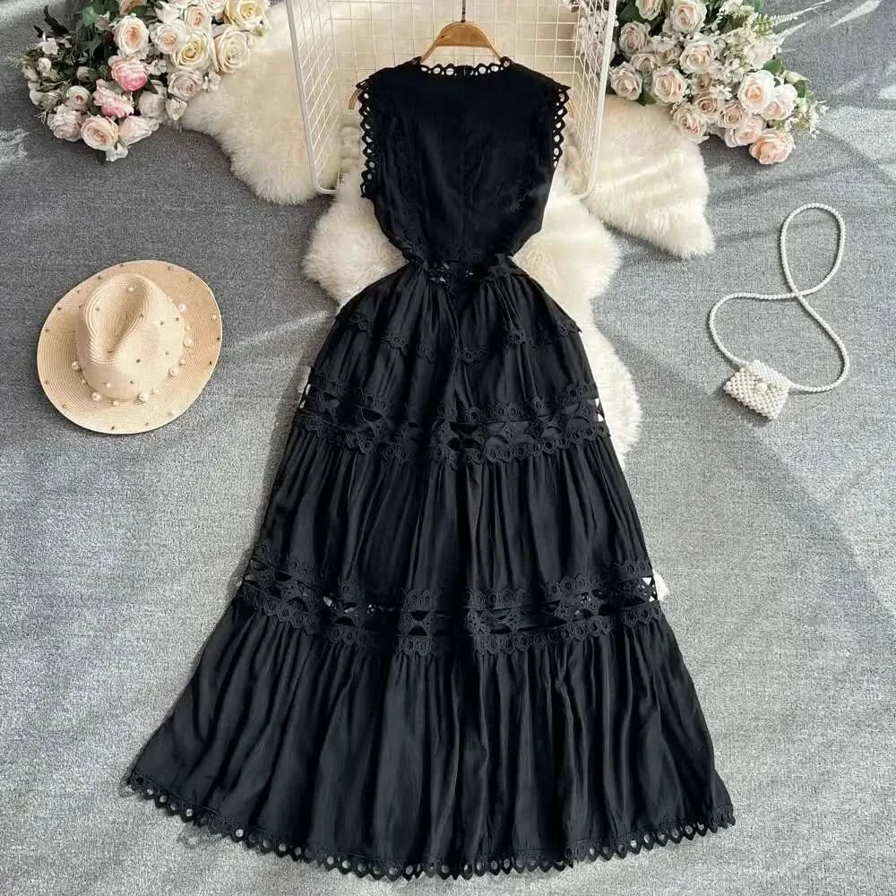 JAMERARY Designer New Summer Holiday White Embroidery Cotton Long Dress Women Sleeveless Midi Prom Evening Dresses Party Robe - M & M Global