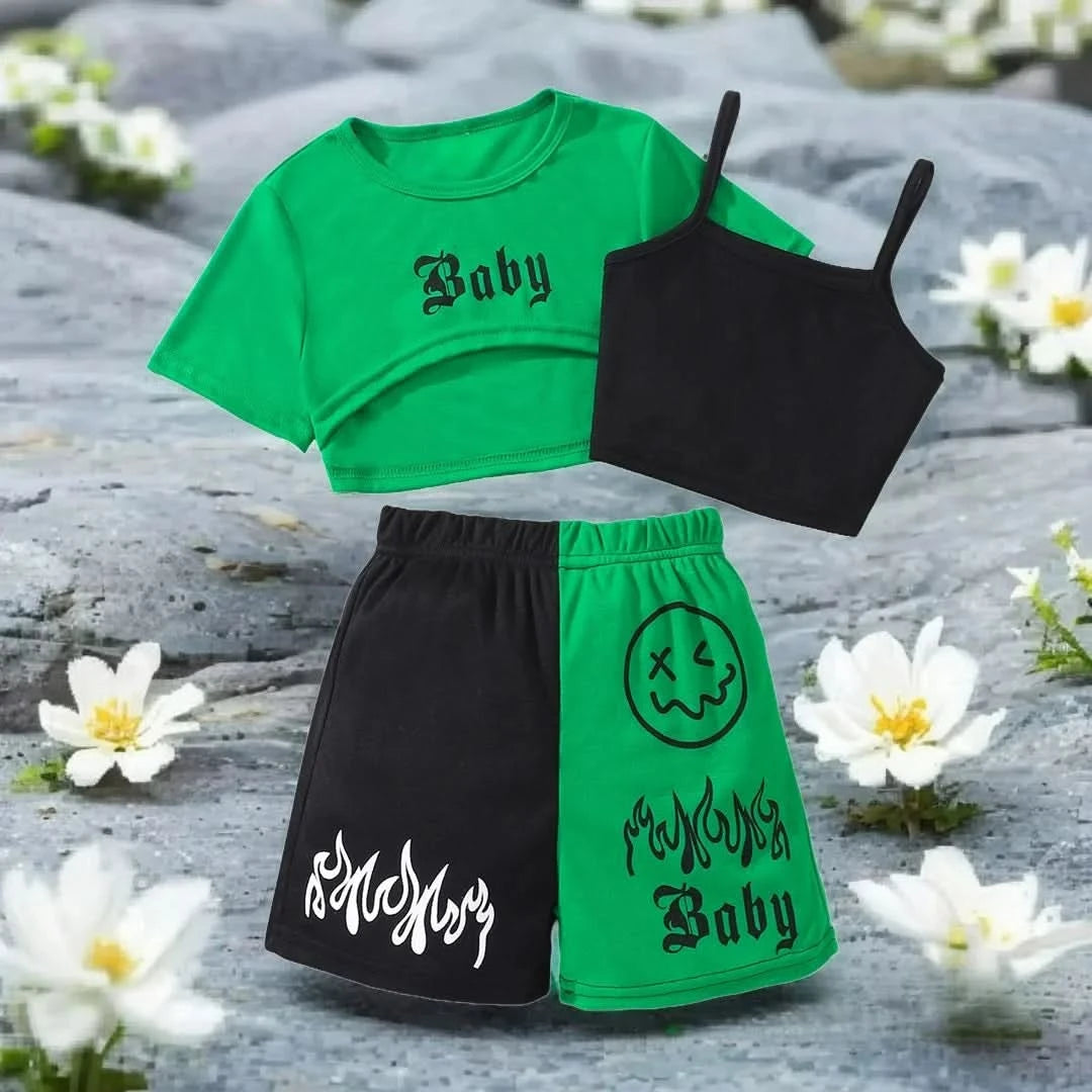 New Kids Girls Clothing Set Summer Short Sleeve Fashion Three Piece Girls Suit Color Block Children Outfits Girls Clothes 8-12Y - M & M Global