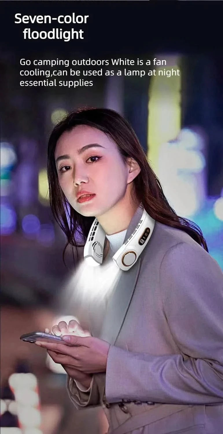 Person wearing a seven-color floodlight around their neck, with text describing its uses.