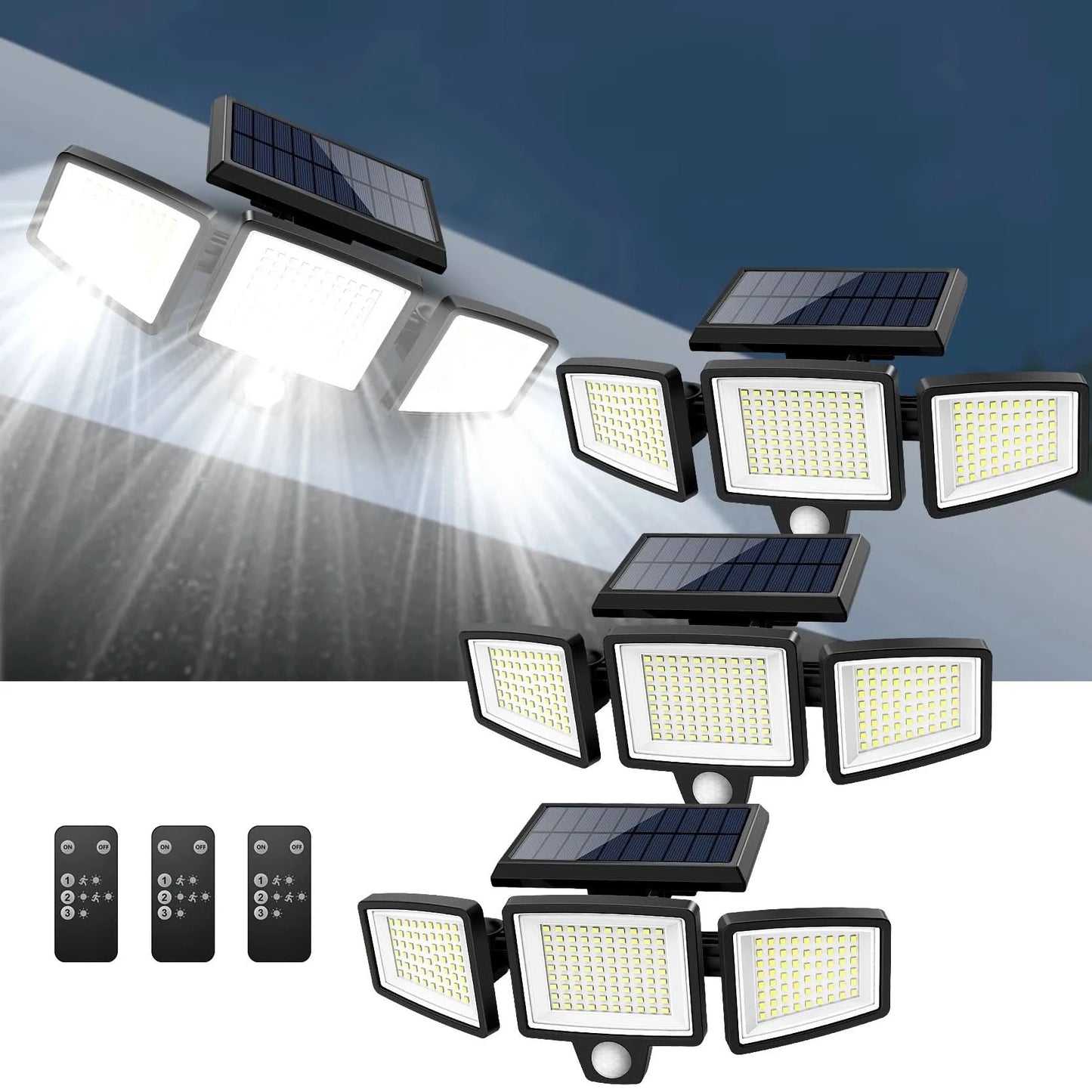 IP65Waterproof Triple Head Outdoor Solar Light, 210LED 2500LM Motion Sensor Safety Light for Porch, Garage, Yard Entrance, Patio - M & M Global