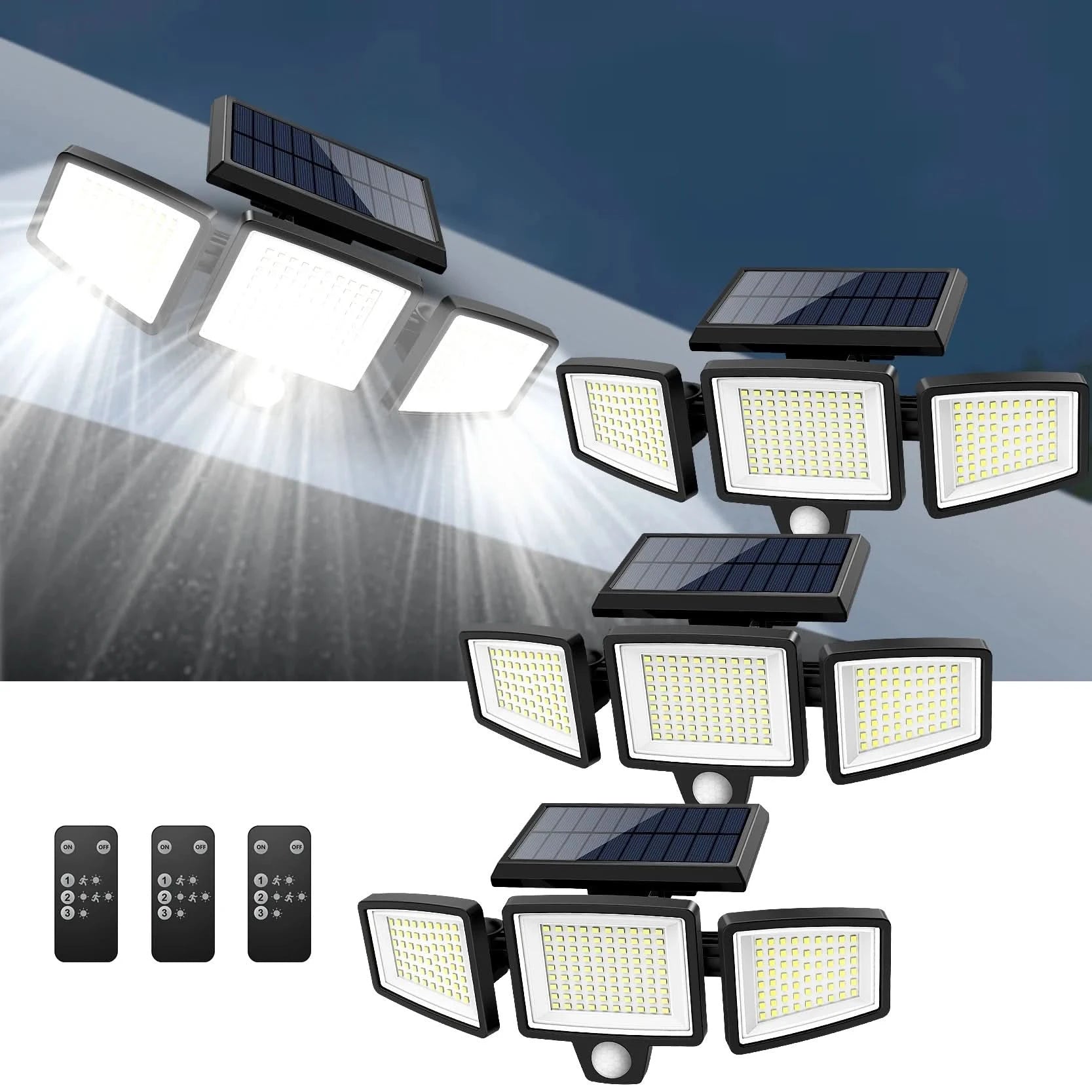 IP65Waterproof Triple Head Outdoor Solar Light, 210LED 2500LM Motion Sensor Safety Light for Porch, Garage, Yard Entrance, Patio - M & M Global