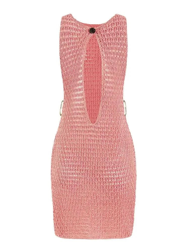 2024 Summer Sexy One Neck Cut Out Circle Decoration Corset Slim Beach Mini Dress Women Seaside Beachwear Swimwear Cover Up A2796 - M & M Global