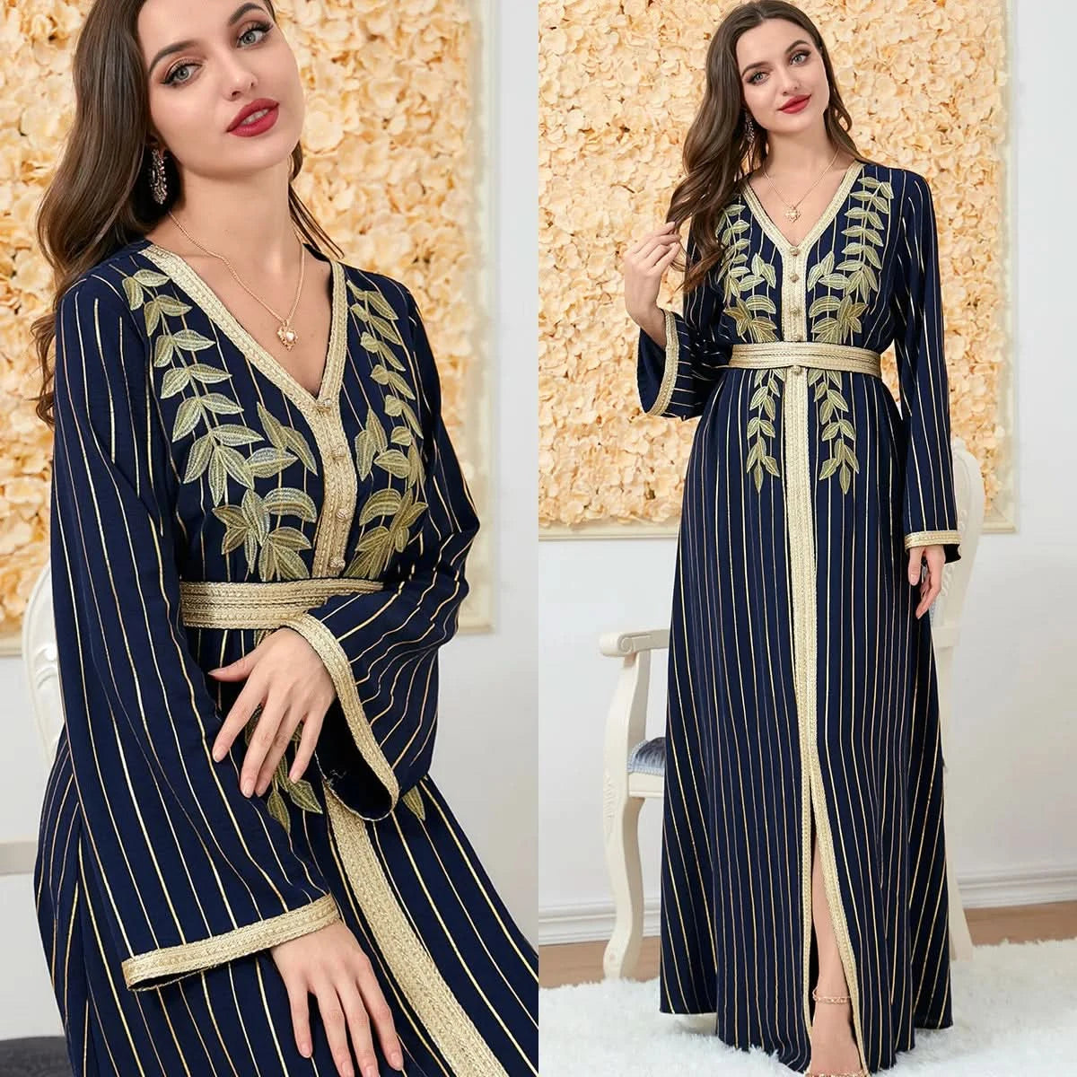 Ramadan Luxury Muslim Fashion Bat Sleeve Moroccan Turkiye Dubai Dress Middle East Arab Dress Sequins Golden Velvet Long Dress - M & M Global