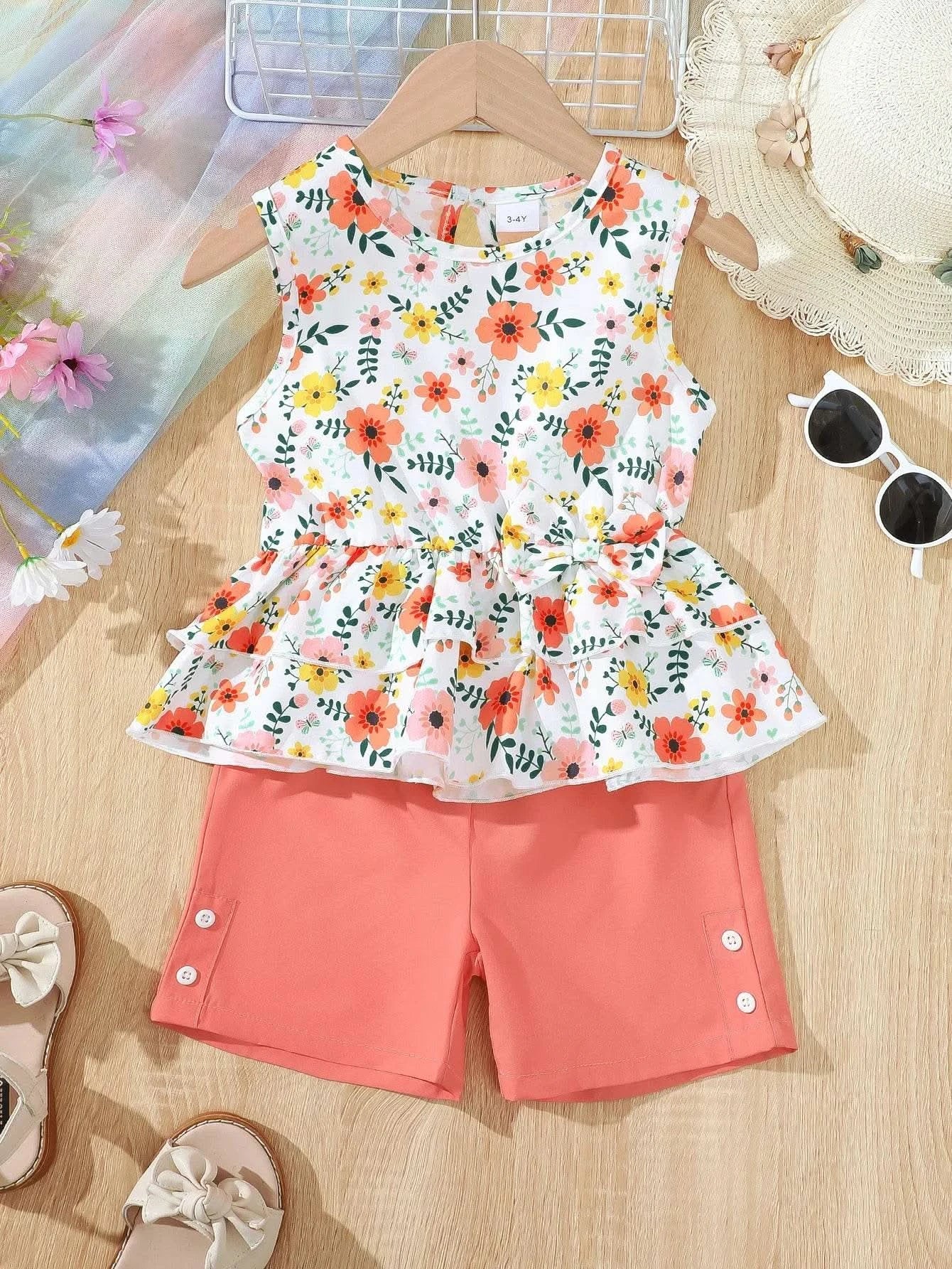 2PCS Children Girls Little Fresh Clothing Set Floral Sleeveless Top + Shorts Sweet Lovely Fashion Costume for Kid Girl 4-7 Years - M & M Global