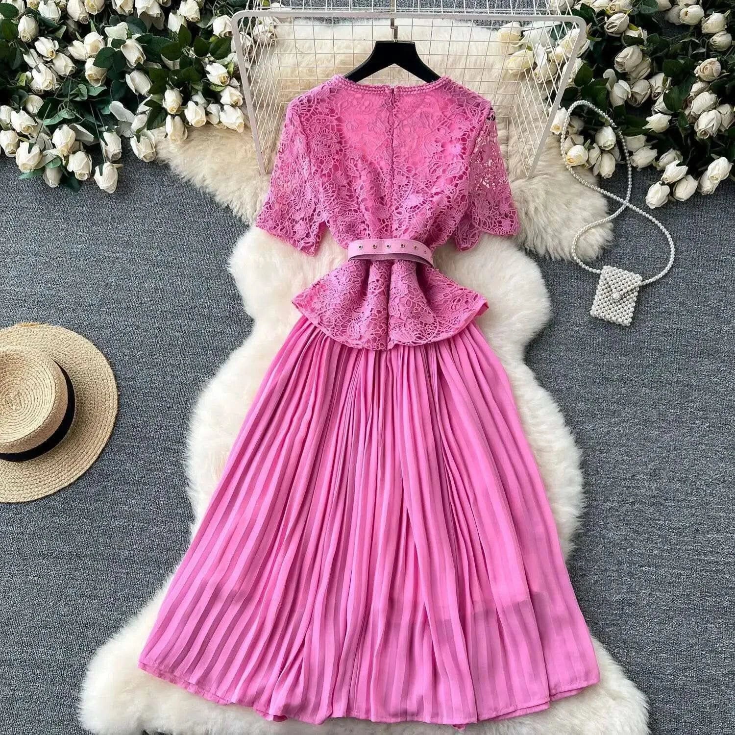Designer 2025 Summer Pleated Chiffon Lace Long Dress Women Flower Embroidery Gold Button Belt Evening Party Dresses Wedding Robe - M & M Global