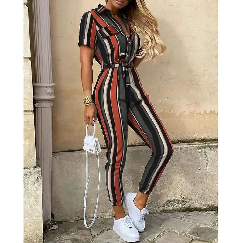 Women's Monochromatic Belt Workwear Jumpsuit, Casual Pants, Flip Collar, Buckle, European and American, Summer, 2024 - M & M Global