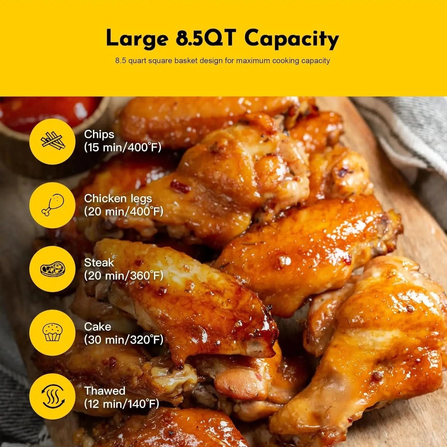 8.5QT Air Fryer, Upgraded Family Size Capacity, Visual Window, Square Basket Dials Stainless Steel Air Fryers, Reheat Leftovers, - M & M Global