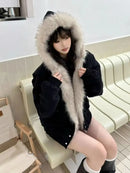 2025 Y2k American new Jacket  Retro Woolen Collar Hoodeds Cotton Plush Men Street Hip Hop Gothic Harajuku Oversize Jacket Coat