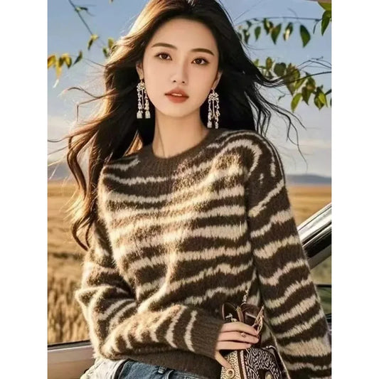 Autumn and Winter Pullover Round Neck Long-sleeved Striped Sweater for Women Retro Versatile Fashionable Casual Top