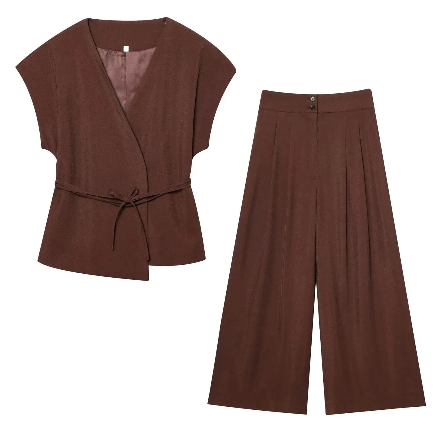 TFMLN Fashion Women's Trouser Suits Sleeveless V-Neck Top With Belt Straight Pants Sets 2025 Spring Summer Commuter 2 Piece Set - M & M Global