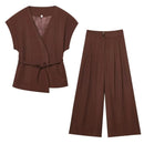 TFMLN Fashion Women's Trouser Suits Sleeveless V-Neck Top With Belt Straight Pants Sets 2025 Spring Summer Commuter 2 Piece Set - M & M Global