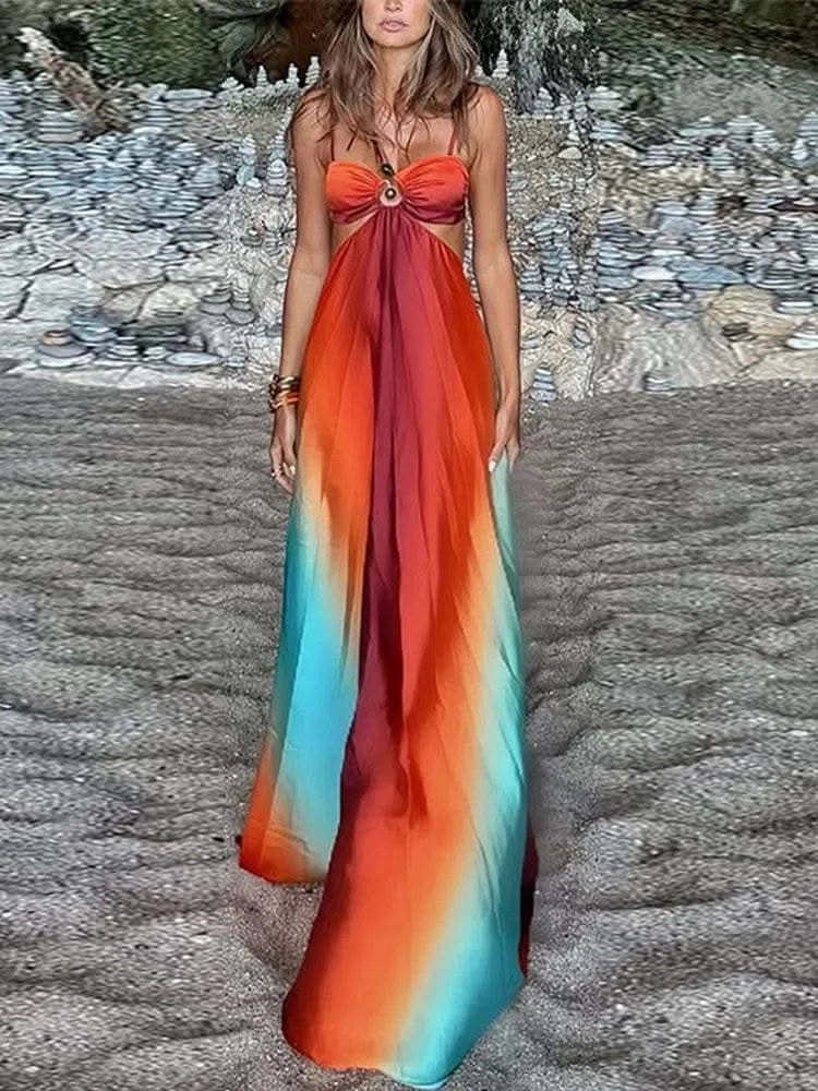 Bohemia Gradient Printed Sling Beach Maxi Dress Women Spaghetti Strap Sleeveless Backless Long Dress Female Hollow Out Chic Robe - M & M Global