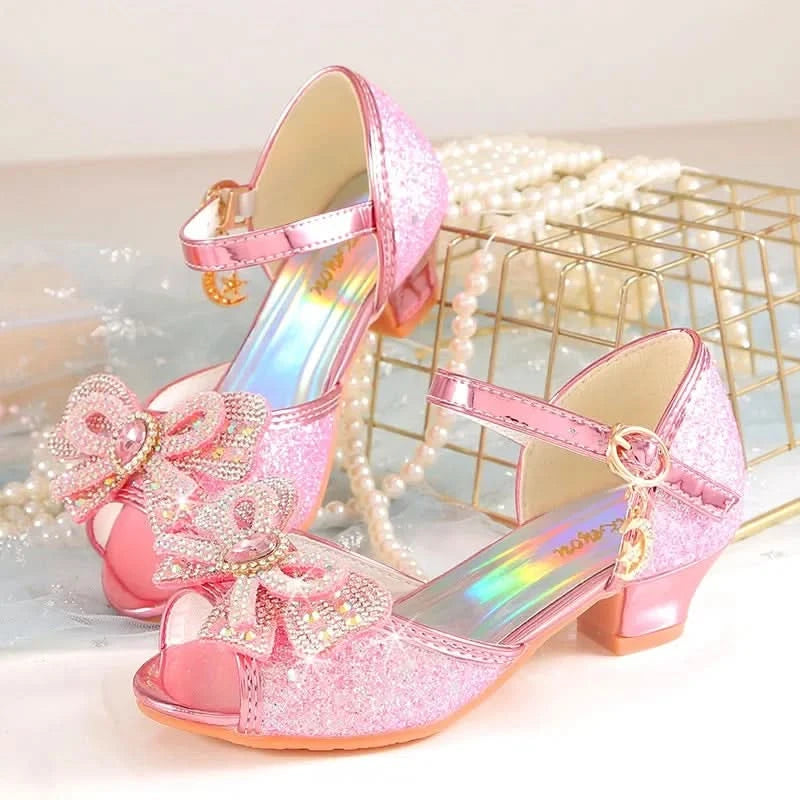 Summer Girls Sandals With Heel Fashion Rhinestone Shiny Glitter Shoes Children Princess Bowtie Pearl Dancing Shoes H876 - M & M Global