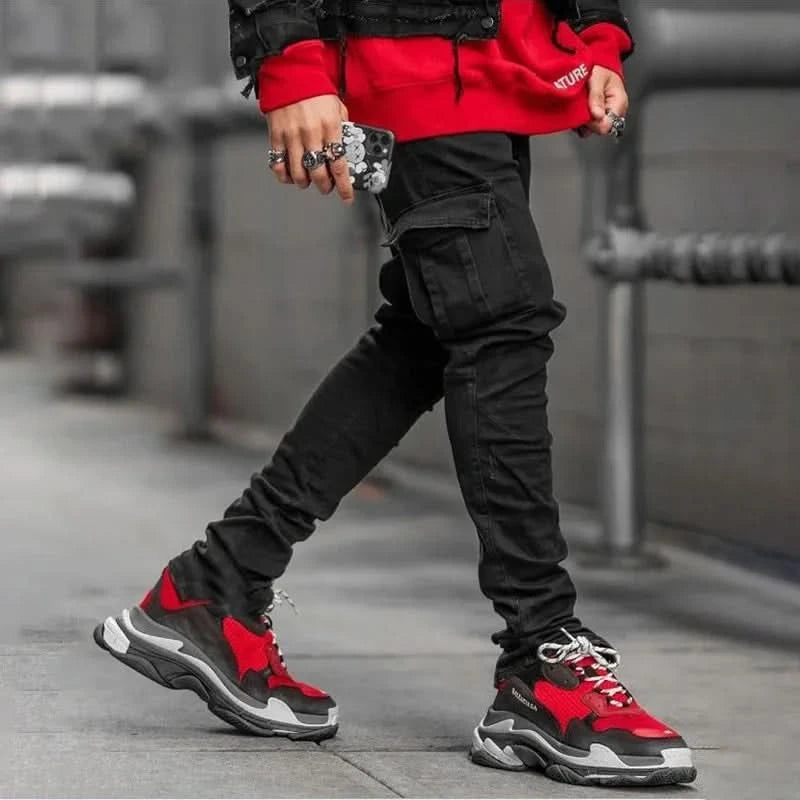 Men Street Elastic Denim Jeans Wash Solid Color Multi Pockets Cargo Pants Casual Slim Fit Daily Wear Joggers Mid Waist Trousers - M & M Global